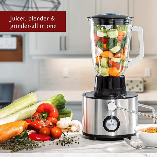 Royalty Line Extracteur de Jus 4 en 1 - Blender / Hachoir / Moulin à Café - Extracteur de Fruits et Légumes - Extracteur de Jus avec Tasse à Jus de 1 Litre et Réservoir de Pulpe de 2 Litres - Power Juicer à 3 Vitesses - 1000W - Multi Juicer - Argent