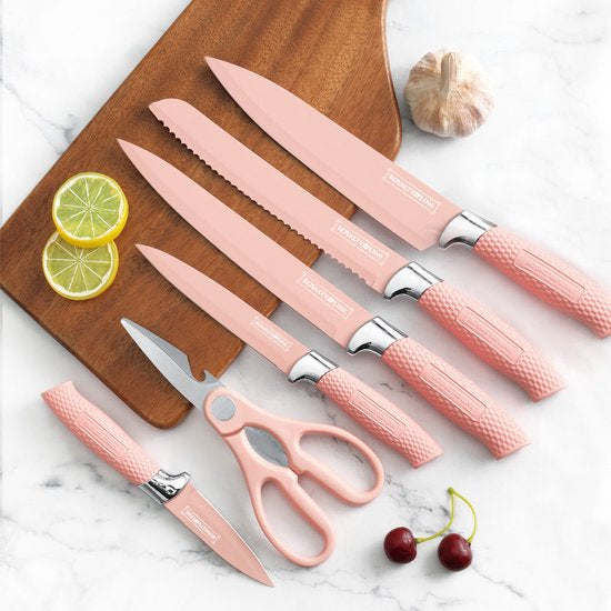 Ensemble de couteaux avec bloc – Ensemble de couteaux de Luxe 7 pièces – Couteau à pain – Couteau de chef – Couteaux à viande et ciseaux avec ouvre-bière – Bloc à couteaux – Revêtement antiadhésif – Rose