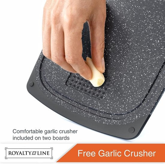 Set de Planches à découper Royalty Line ® CB3PCB - 25/31/40 cm - Antidérapantes - Poignée ergonomique - Planches de cuisine - Passe au lave-vaisselle - Plastique - Avec zone de broyage pour broyer l'ail et le gingembre - Zwart