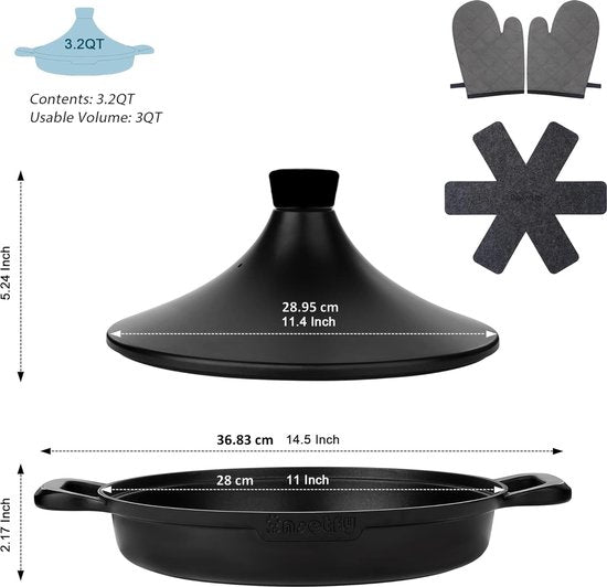 Tajine Saffron 30 cm - Non-stick - PFOA free- Geschikt voor Alle Kookplaten - zwart incl. ovenwanten en vilt/ tajine Noir anti adhésif