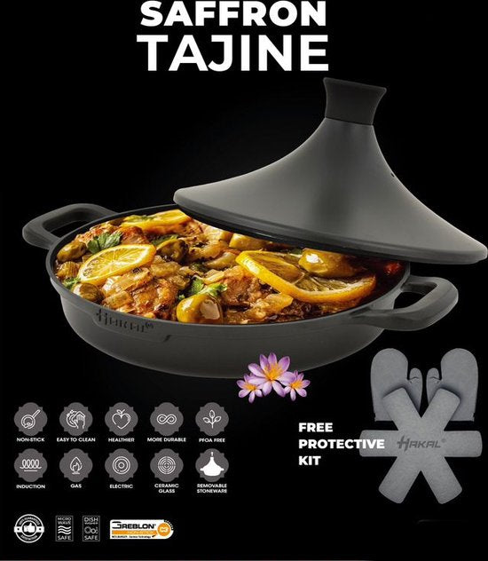 Tajine Saffron 30 cm - Non-stick - PFOA free- Geschikt voor Alle Kookplaten - zwart incl. ovenwanten en vilt/ tajine Noir anti adhésif