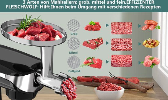Robot de cuisine multifonctionnel - 3 en 1- Robot de cuisine xxl - Robot de Cuisine 6,5 Litres - Energie électrique 1900w - Zwart PKM-1900.7 B/ pétrin/ Noir / black