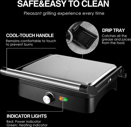 Contact Grill - Panini Grill - Plaque supérieure flottante - Revêtement antiadhésif - 2000W - Température réglable - 30 x 24cm - Zwart/ Inox