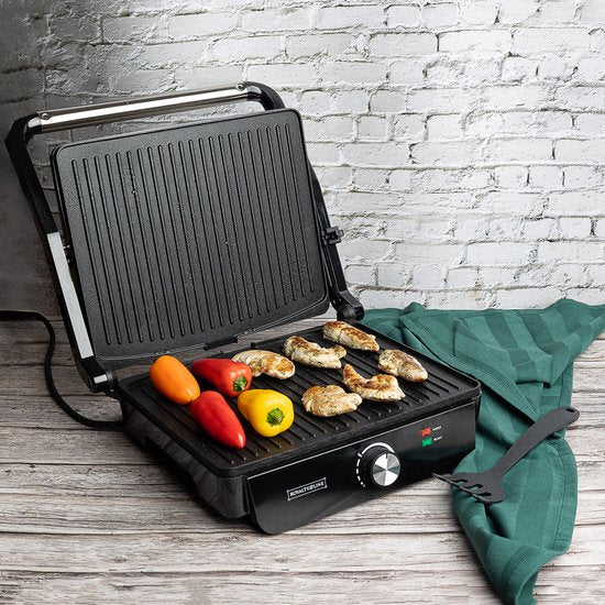 Contact Grill - Panini Grill - Plaque supérieure flottante - Revêtement antiadhésif - 2000W - Température réglable - 30 x 24cm - Zwart/ Inox