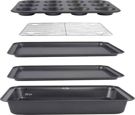 Set de moules de cuisson Moules de cuisson 5 pièces - Ensemble de cuisson - Moule à muffins - Plaque de cuisson - Revêtement antiadhésif - Zwart/ noir