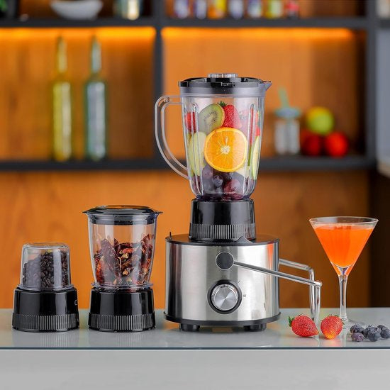 Royalty Line Extracteur de Jus 4 en 1 - Blender / Hachoir / Moulin à Café - Extracteur de Fruits et Légumes - Extracteur de Jus avec Tasse à Jus de 1 Litre et Réservoir de Pulpe de 2 Litres - Power Juicer à 3 Vitesses - 1000W - Multi Juicer - Argent