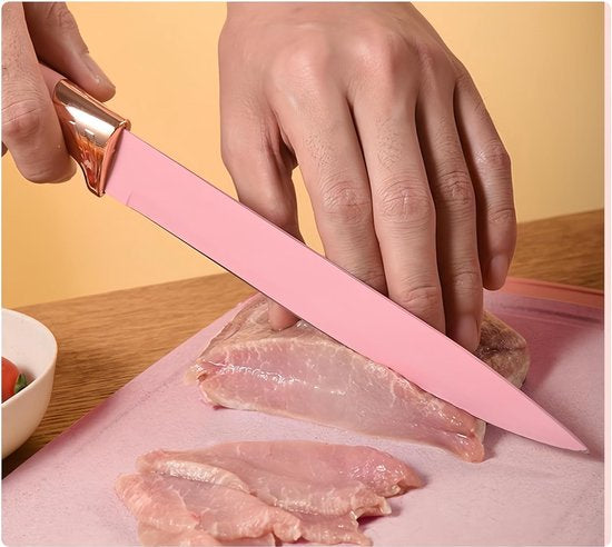 Ensemble de couteaux avec bloc – Ensemble de couteaux de Luxe 7 pièces – Couteau à pain – Couteau de chef – Couteaux à viande et ciseaux avec ouvre-bière – Bloc à couteaux – Revêtement antiadhésif – Rose
