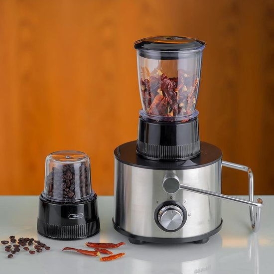 Royalty Line Extracteur de Jus 4 en 1 - Blender / Hachoir / Moulin à Café - Extracteur de Fruits et Légumes - Extracteur de Jus avec Tasse à Jus de 1 Litre et Réservoir de Pulpe de 2 Litres - Power Juicer à 3 Vitesses - 1000W - Multi Juicer - Argent
