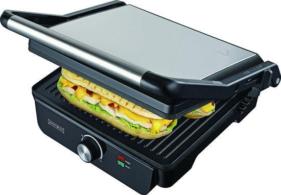 Contact Grill - Panini Grill - Plaque supérieure flottante - Revêtement antiadhésif - 2000W - Température réglable - 30 x 24cm - Zwart/ Inox