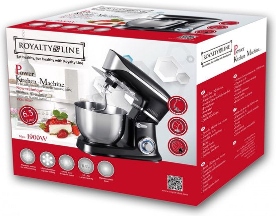 Royalty Line Robot de cuisine - Robot de cuisine - Mixeur avec 6 réglages de vitesse + LED, avec Garde / crochet pétrisseur / batteur et grattoir, avec crédence et bol mélangeur en acier inoxydable 6,5 L - 1900W - Zwart