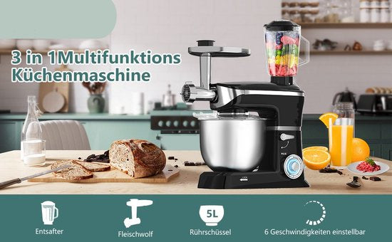 Robot de cuisine multifonctionnel - 3 en 1- Robot de cuisine xxl - Robot de Cuisine 6,5 Litres - Energie électrique 1900w - Zwart PKM-1900.7 B/ pétrin/ Noir / black