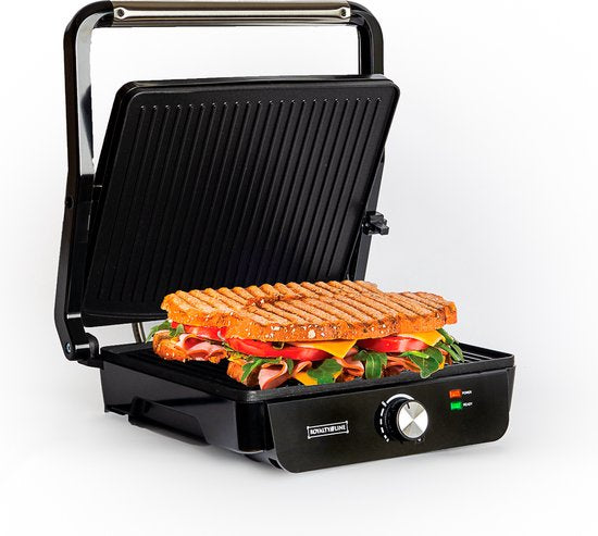 Contact Grill - Panini Grill - Plaque supérieure flottante - Revêtement antiadhésif - 2000W - Température réglable - 30 x 24cm - Zwart/ Inox