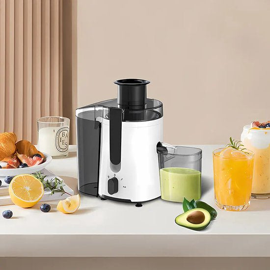 Royalty Line PJ7613 Centrifugeuse lente - Presse-agrumes pour légumes et fruits - Presse-agrumes avec tasse à jus de 600 ml et réservoir de pulpe de 1 litre - 3 vitesses - 450 W - Wit