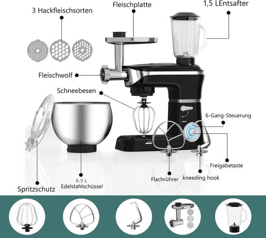 Robot de cuisine multifonctionnel - 3 en 1- Robot de cuisine xxl - Robot de Cuisine 6,5 Litres - Energie électrique 1900w - Zwart PKM-1900.7 B/ pétrin/ Noir / black