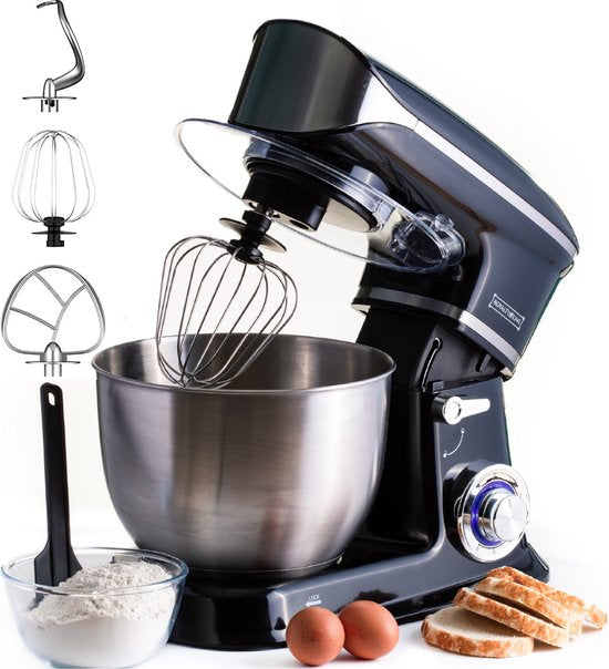 Royalty Line Robot de cuisine - Robot de cuisine - Mixeur avec 6 réglages de vitesse + LED, avec Garde / crochet pétrisseur / batteur et grattoir, avec crédence et bol mélangeur en acier inoxydable 6,5 L - 1900W - Zwart