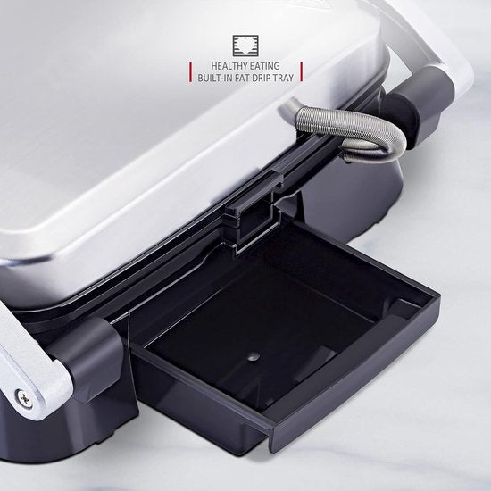 Contact Grill - Panini Grill - Plaque supérieure flottante - Revêtement antiadhésif - 2000W - Température réglable - 30 x 24cm - Zwart/ Inox