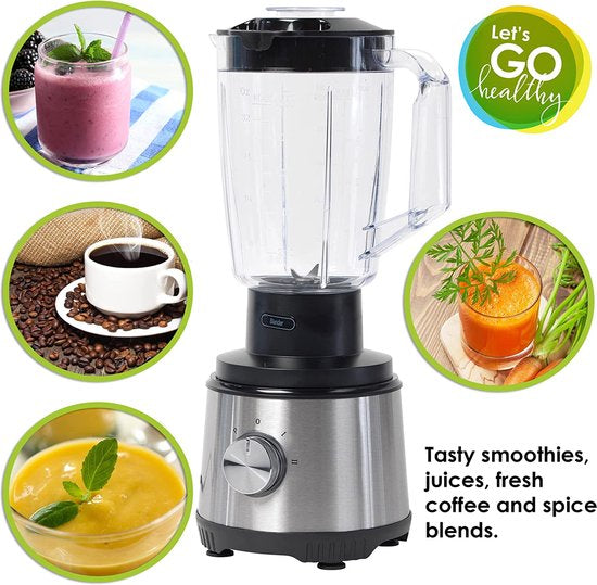 Royalty Line Extracteur de Jus 4 en 1 - Blender / Hachoir / Moulin à Café - Extracteur de Fruits et Légumes - Extracteur de Jus avec Tasse à Jus de 1 Litre et Réservoir de Pulpe de 2 Litres - Power Juicer à 3 Vitesses - 1000W - Multi Juicer - Argent