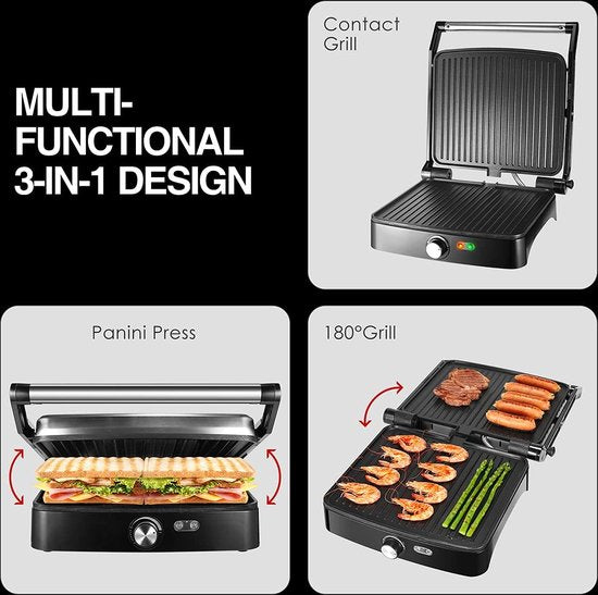 Contact Grill - Panini Grill - Plaque supérieure flottante - Revêtement antiadhésif - 2000W - Température réglable - 30 x 24cm - Zwart/ Inox