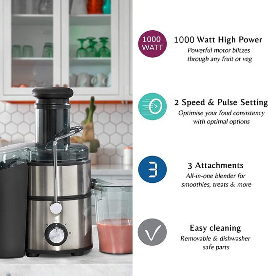 Royalty Line Extracteur de Jus 4 en 1 - Blender / Hachoir / Moulin à Café - Extracteur de Fruits et Légumes - Extracteur de Jus avec Tasse à Jus de 1 Litre et Réservoir de Pulpe de 2 Litres - Power Juicer à 3 Vitesses - 1000W - Multi Juicer - Argent