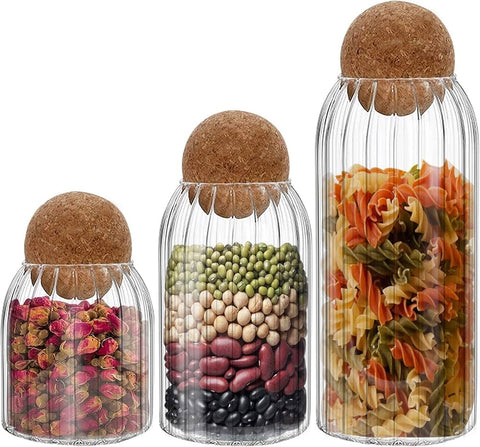 Lot de 3 bocaux de rangement en verre avec couvercle boule en liège