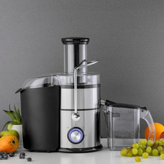 Royalty Line Extracteur de Jus 4 en 1 - Blender / Hachoir / Moulin à Café - Extracteur de Fruits et Légumes - Extracteur de Jus avec Tasse à Jus de 1 Litre et Réservoir de Pulpe de 2 Litres - Power Juicer à 3 Vitesses - 1000W - Multi Juicer - Argent