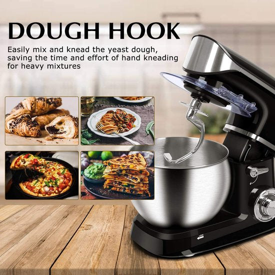 Royalty Line Robot de cuisine - Robot de cuisine - Mixeur avec 6 réglages de vitesse + LED, avec Garde / crochet pétrisseur / batteur et grattoir, avec crédence et bol mélangeur en acier inoxydable 6,5 L - 1900W - Zwart