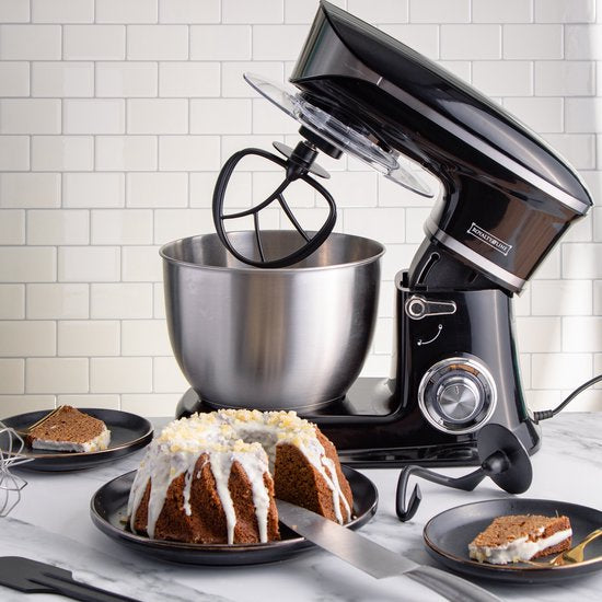 Royalty Line Robot de cuisine - Robot de cuisine - Mixeur avec 6 réglages de vitesse + LED, avec Garde / crochet pétrisseur / batteur et grattoir, avec crédence et bol mélangeur en acier inoxydable 6,5 L - 1900W - Zwart