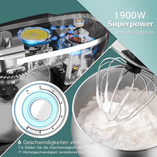 Robot de cuisine multifonctionnel - 3 en 1- Robot de cuisine xxl - Robot de Cuisine 6,5 Litres - Energie électrique 1900w - Zwart PKM-1900.7 B/ pétrin/ Noir / black