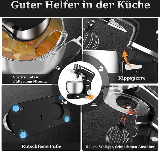 Royalty Line Robot de cuisine - Robot de cuisine - Mixeur avec 6 réglages de vitesse + LED, avec Garde / crochet pétrisseur / batteur et grattoir, avec crédence et bol mélangeur en acier inoxydable 6,5 L - 1900W - Zwart