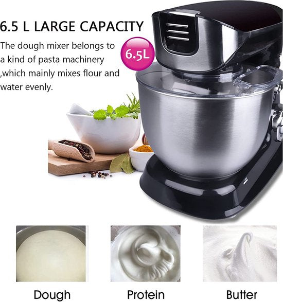 Robot de cuisine multifonctionnel - 3 en 1- Robot de cuisine xxl - Robot de Cuisine 6,5 Litres - Energie électrique 1900w - Zwart PKM-1900.7 B/ pétrin/ Noir / black