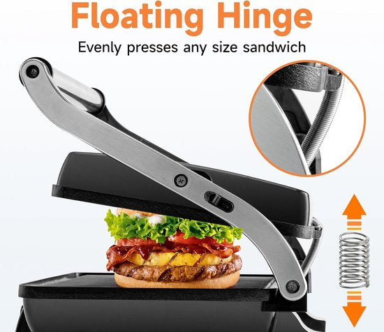 Contact Grill - Panini Grill - Plaque supérieure flottante - Revêtement antiadhésif - 2000W - Température réglable - 30 x 24cm - Zwart/ Inox