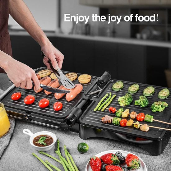 Contact Grill - Panini Grill - Plaque supérieure flottante - Revêtement antiadhésif - 2000W - Température réglable - 30 x 24cm - Zwart/ Inox