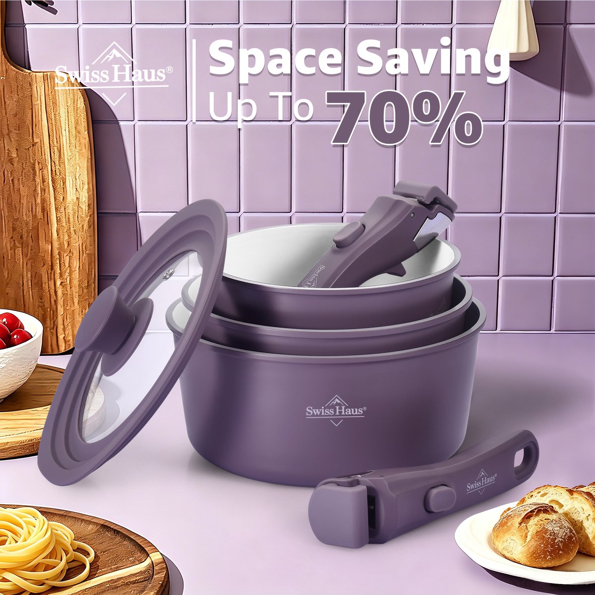Swiss Haus® GCSP6C – Batterie 3 Casseroles Empilables Poignée Amovible – Sans PFAS – Induction – Crème