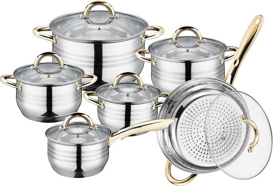 Batterie de Cuisine à Induction - Batterie de Cuisine 12 Pièces - Adaptée à Tous Feux de Chaleur - Acier Inox/ Or