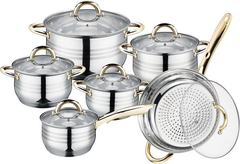 Batterie de Cuisine à Induction - Batterie de Cuisine 12 Pièces - Adaptée à Tous Feux de Chaleur - Acier Inox/ Or