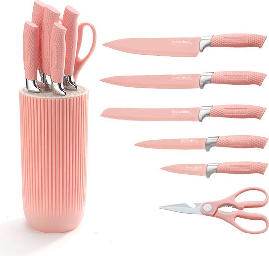 Ensemble de couteaux avec bloc – Ensemble de couteaux de Luxe 7 pièces – Couteau à pain – Couteau de chef – Couteaux à viande et ciseaux avec ouvre-bière – Bloc à couteaux – Revêtement antiadhésif – Rose