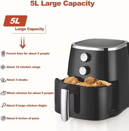 Royalty Line® AF1500 Airfryer XXL - Friteuse à air chaud XXL 5 litres - Airfryers 1500W avec minuterie - 80-200°C - Zwart
