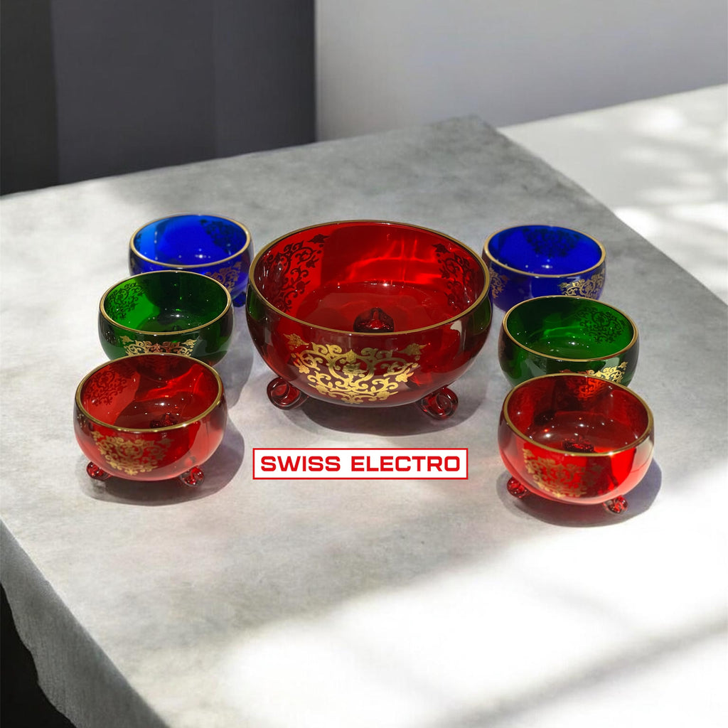 Service à Punch / soupière / Saladier en Verre Coloré Doré – 7 Pièces