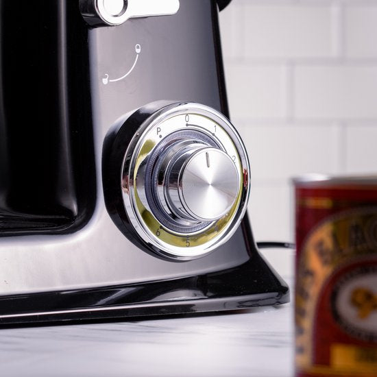 Royalty Line Robot de cuisine - Robot de cuisine - Mixeur avec 6 réglages de vitesse + LED, avec Garde / crochet pétrisseur / batteur et grattoir, avec crédence et bol mélangeur en acier inoxydable 6,5 L - 1900W - Zwart