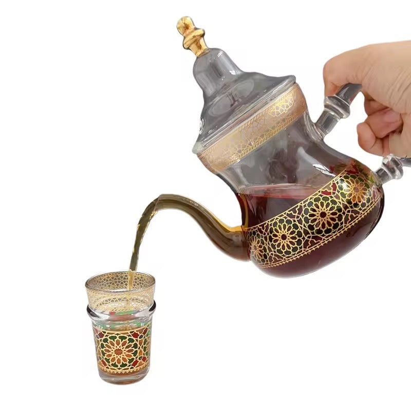 Service à Thé Marocain en Verre – 6 Verres, Théière et Cloche Décorative