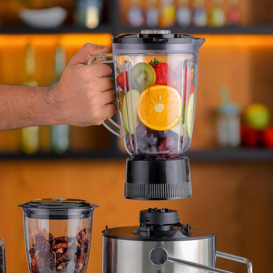 Royalty Line Extracteur de Jus 4 en 1 - Blender / Hachoir / Moulin à Café - Extracteur de Fruits et Légumes - Extracteur de Jus avec Tasse à Jus de 1 Litre et Réservoir de Pulpe de 2 Litres - Power Juicer à 3 Vitesses - 1000W - Multi Juicer - Argent