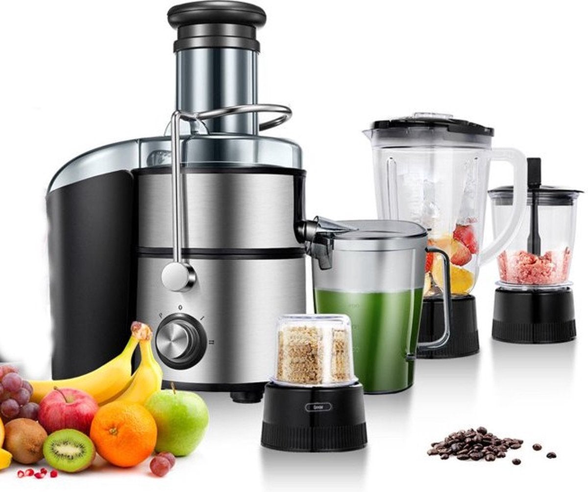 Royalty Line Extracteur de Jus 4 en 1 - Blender / Hachoir / Moulin à Café - Extracteur de Fruits et Légumes - Extracteur de Jus avec Tasse à Jus de 1 Litre et Réservoir de Pulpe de 2 Litres - Power Juicer à 3 Vitesses - 1000W - Multi Juicer - Argent