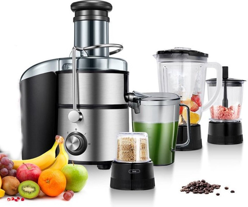 Royalty Line Extracteur de Jus 4 en 1 - Blender / Hachoir / Moulin à Café - Extracteur de Fruits et Légumes - Extracteur de Jus avec Tasse à Jus de 1 Litre et Réservoir de Pulpe de 2 Litres - Power Juicer à 3 Vitesses - 1000W - Multi Juicer - Argent