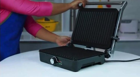 Contact Grill - Panini Grill - Plaque supérieure flottante - Revêtement antiadhésif - 2000W - Température réglable - 30 x 24cm - Zwart/ Inox