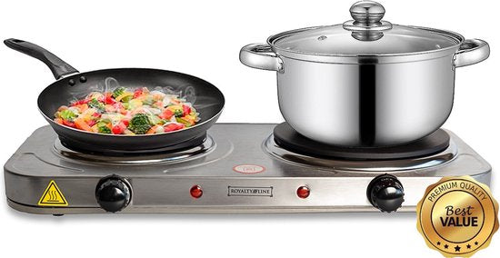 Table de cuisson électrique Royalty Line® HP18204 - Plaques de cuisson de cuisson électriques 2 feux - 1000W + 1500W - Ø155 + 185 mm - Inox