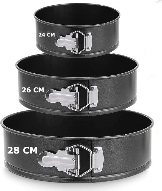 Ensemble de moules à charnière- Set de 3 moules à pâtisserie - Moule à gâteau avec revêtement antiadhésif - Ø24/26/28 cm - Ustensiles de cuisson - Zwart