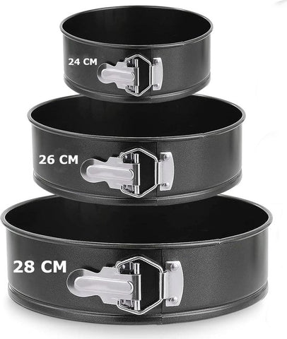 Ensemble de moules à charnière- Set de 3 moules à pâtisserie - Moule à gâteau avec revêtement antiadhésif - Ø24/26/28 cm - Ustensiles de cuisson - Zwart