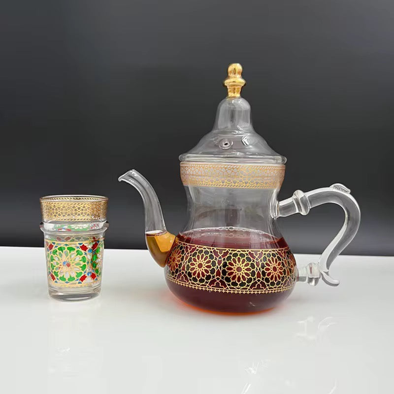 Service à Thé Marocain en Verre – 6 Verres, Théière et Cloche Décorative