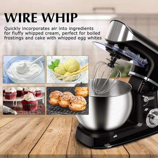 Royalty Line Robot de cuisine - Robot de cuisine - Mixeur avec 6 réglages de vitesse + LED, avec Garde / crochet pétrisseur / batteur et grattoir, avec crédence et bol mélangeur en acier inoxydable 6,5 L - 1900W - Zwart