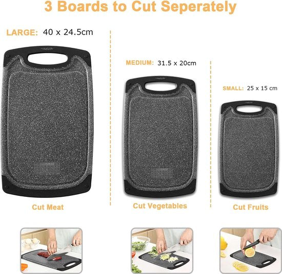 Set de Planches à découper Royalty Line ® CB3PCB - 25/31/40 cm - Antidérapantes - Poignée ergonomique - Planches de cuisine - Passe au lave-vaisselle - Plastique - Avec zone de broyage pour broyer l'ail et le gingembre - Zwart